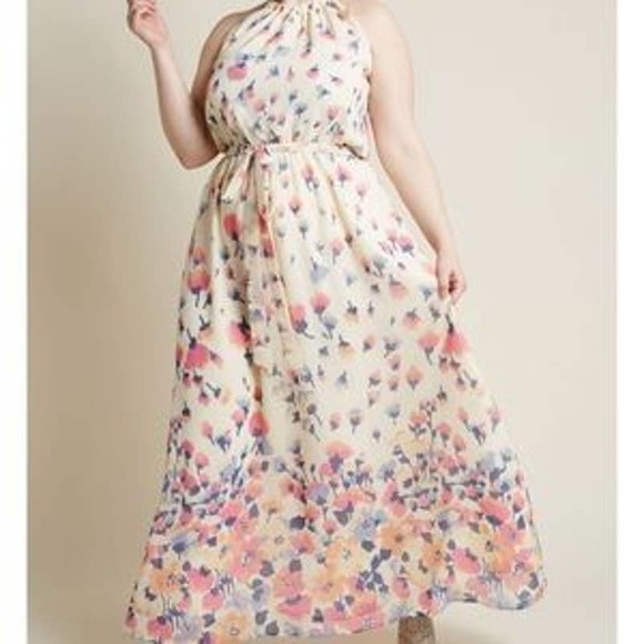 Modcloth Dresses & Skirts - Modcloth Illuminated Elegance Chiffon Cream Floral Maxi Dress W/Belt sz 1X NWOT